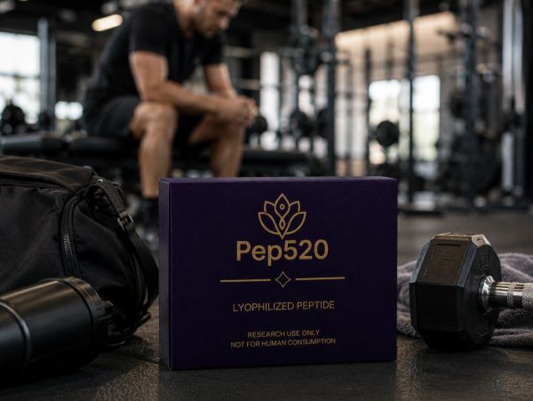 Box of Pep520 lyophilized peptide with gym equipment and a person in the background.