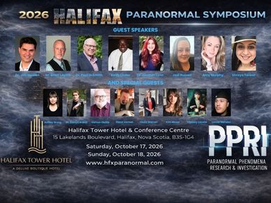 Promotional flyer for the 2026 Halifax Paranormal Symposium with guest speakers and special guests.
