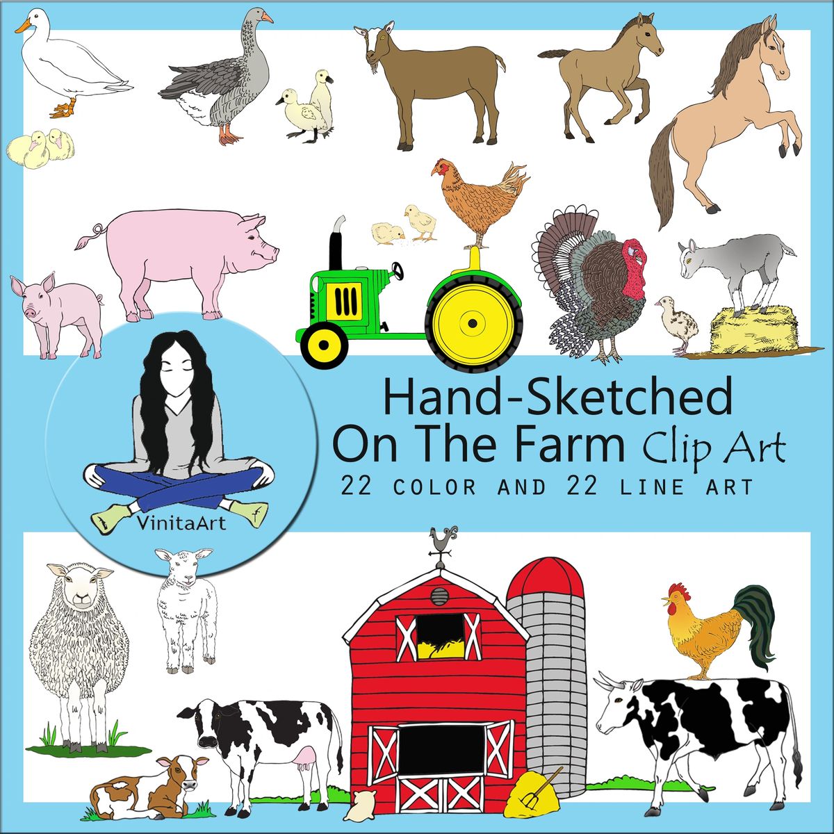 Animals on the Farm clip art, 22 color and 22 black and white images