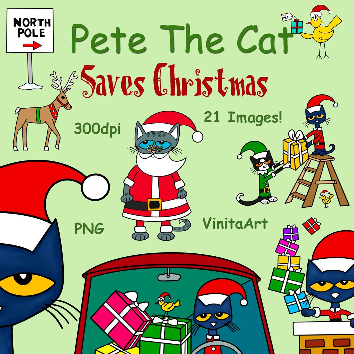 Pete the cat saves christmas storybook clipart digital download