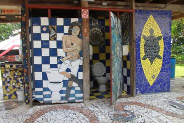 Unique bathroom facilities at Rocking J's Hostel, located in Puerto Viejo de Talamanca, Costa Rica.