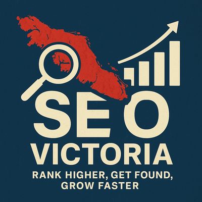 Flat-style image with "SEO” text on navy background. A red Victoria map and upward arrow for growth.