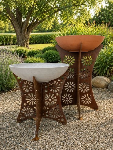 Two decorative garden planters on a gravel surface.