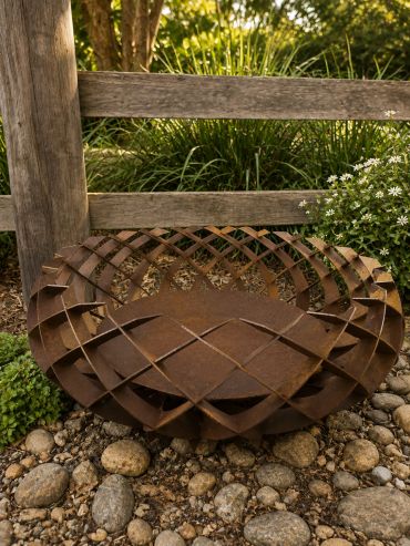 Rustic metal fire pit on rocky ground with wooden fence backdrop.