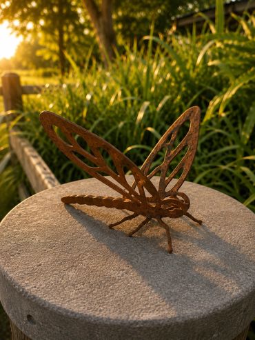 Rusty metal dragonfly sculpture on a stone pedestal.