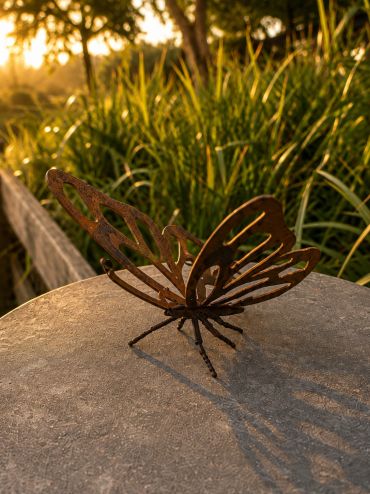 Rusty butterfly sculpture casting a shadow at sunset.