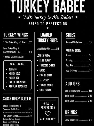 Menu board for Turkey Babee featuring turkey wings, loaded fries, sides, burgers, and drinks.