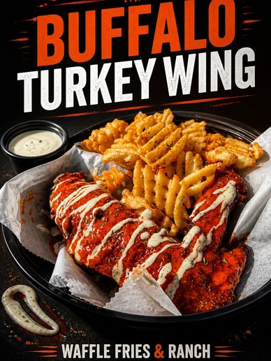 Our savory crispy crunchy and juicy fried turkey wing with our homemade buffalo sauce paired with ou