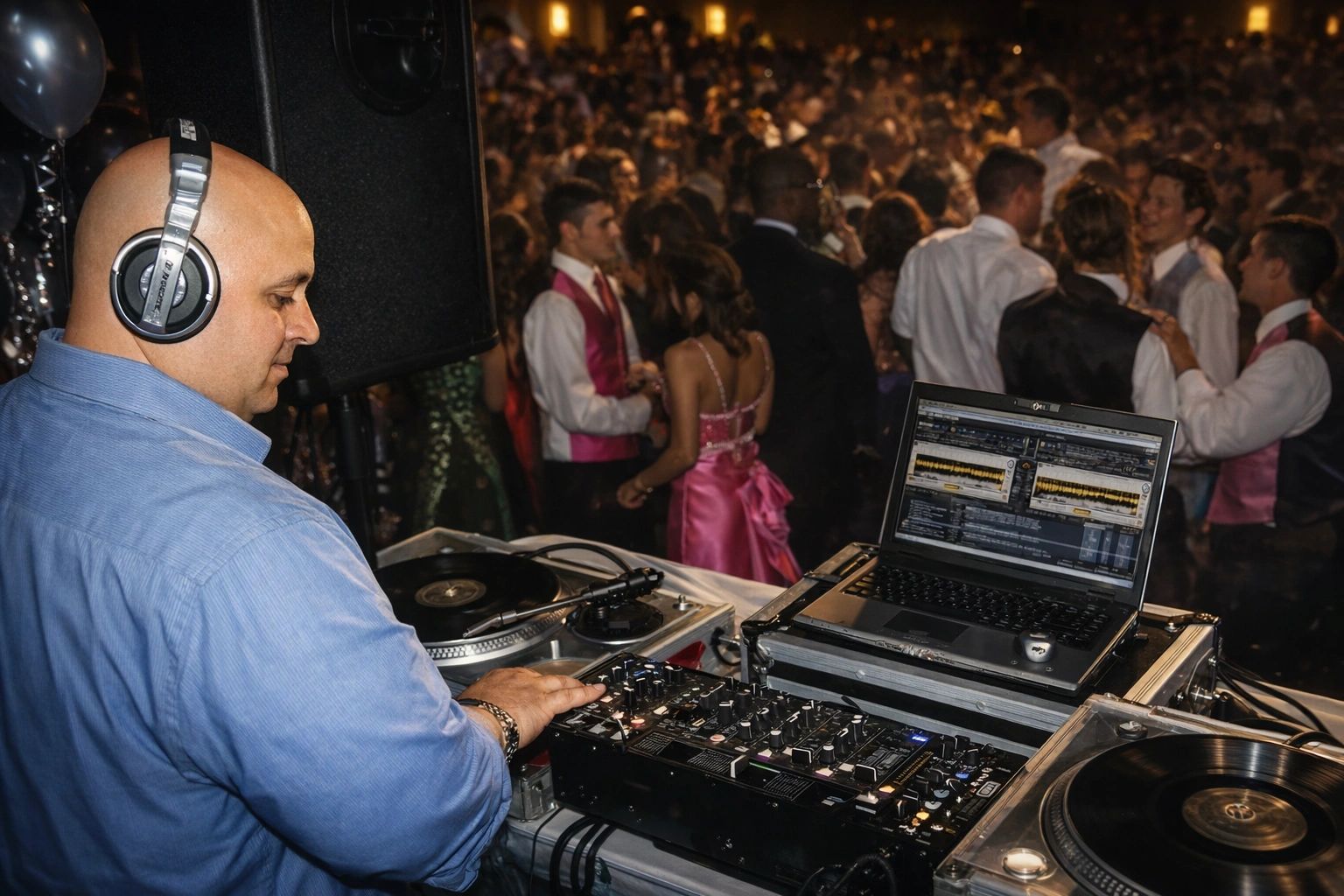 Professional DJ performing at a packed prom dance floor.