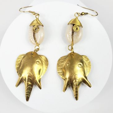 Bronze Elephant Earrings with Cowrie Shells 