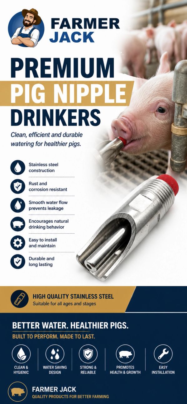 Premium pig nipple drinkers by Farmer Jack for clean and durable pig watering.