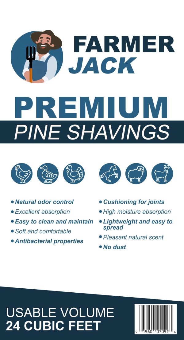 Farmer Jack Premium Pine Shavings packaging highlighting natural odor control and cushioning for joints.