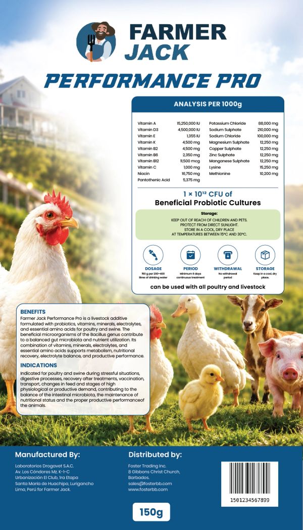 Farmer Jack Performance Pro livestock supplement with probiotics, vitamins, and minerals for poultry and swine.