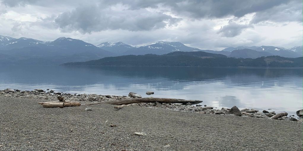 Calm lakeshore with mountains and cloudy sky in the background.