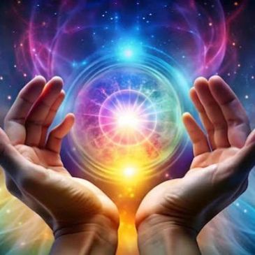 Hands holding a glowing orb in space.