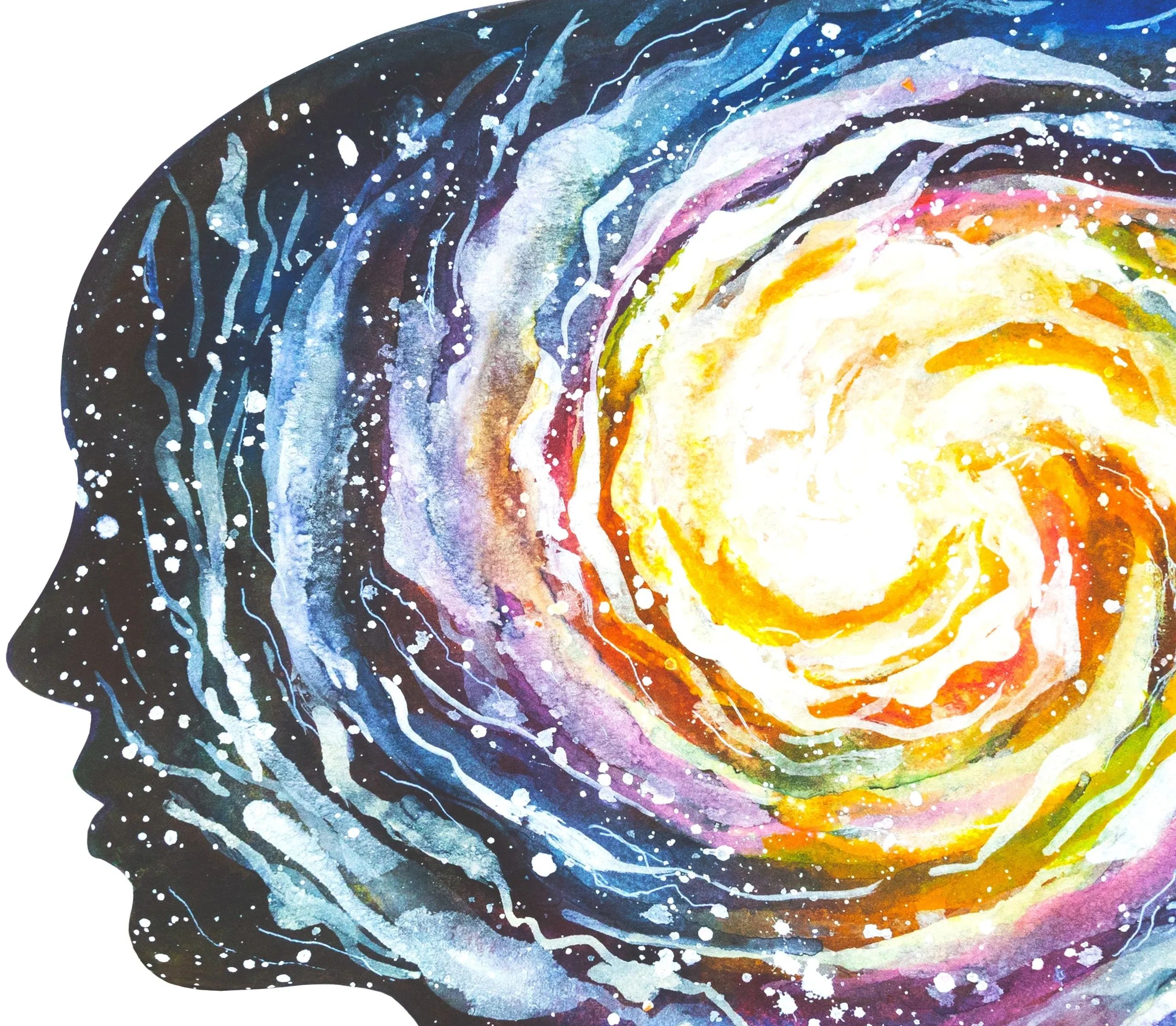 Watercolor painting of a colorful spiral galaxy.