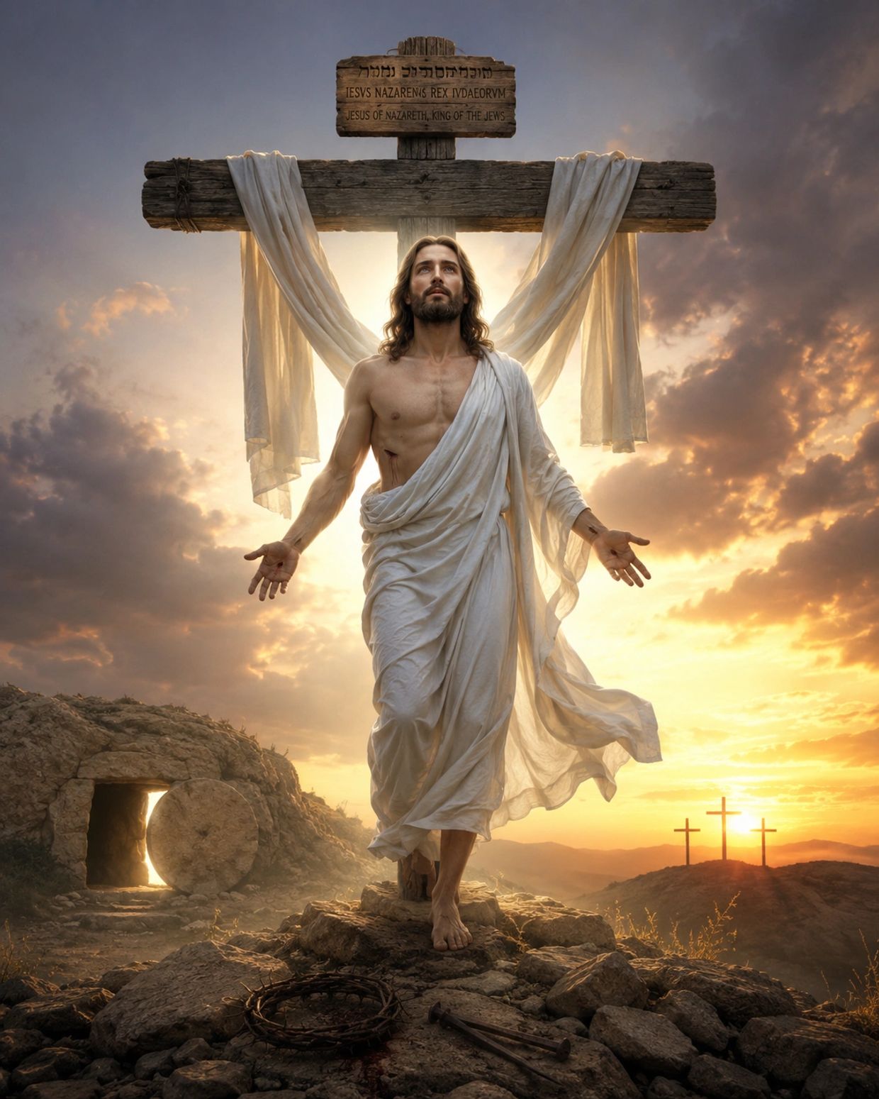 Jesus Christ resurrecting with open arms in front of a cross.