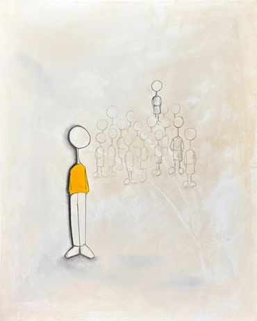 Minimalist painting of a figure in orange with faint figures behind.