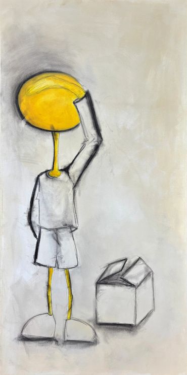 Abstract figure with a yellow head peeling like a banana beside a box.
