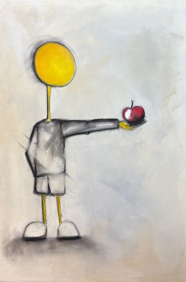 Abstract figure with a yellow head holding a red apple in an outstretched arm.