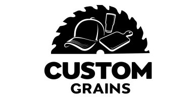 Logo with a saw blade, cap, and paddle above 'Custom Grains' text.