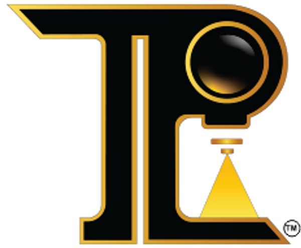 Black and gold stylized logo resembling a projector.