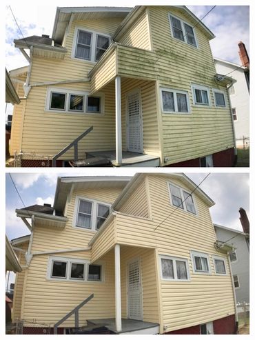 Before after vinyl house pressure washing Heath Ohio. Jett Power Washing