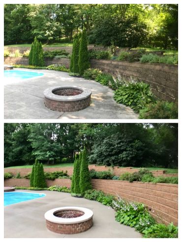 Before After Concrete pressure washing pool surround, retaining wall Granville Ohio. Jett Power Wash