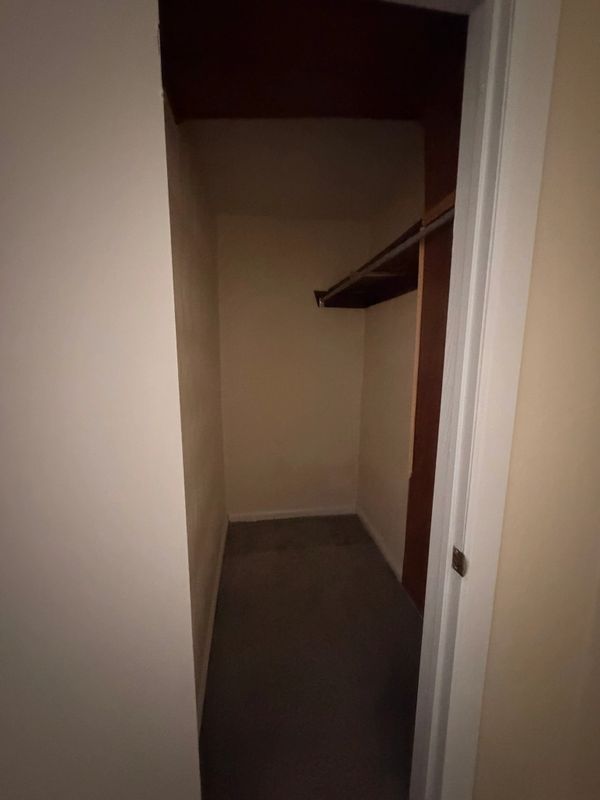 Empty walk-in closet with beige walls and a single wooden shelf.