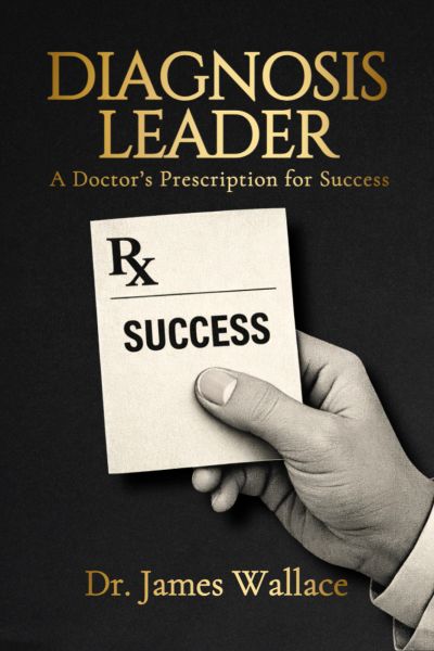 A book cover titled "Diagnosis Leader" by Dr. James Wallace featuring a hand holding a prescription for success.