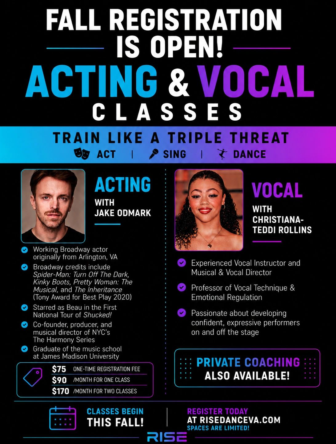 Fall registration open for acting and vocal classes with Jake Odmark and Christiana-Teddi Rollins.