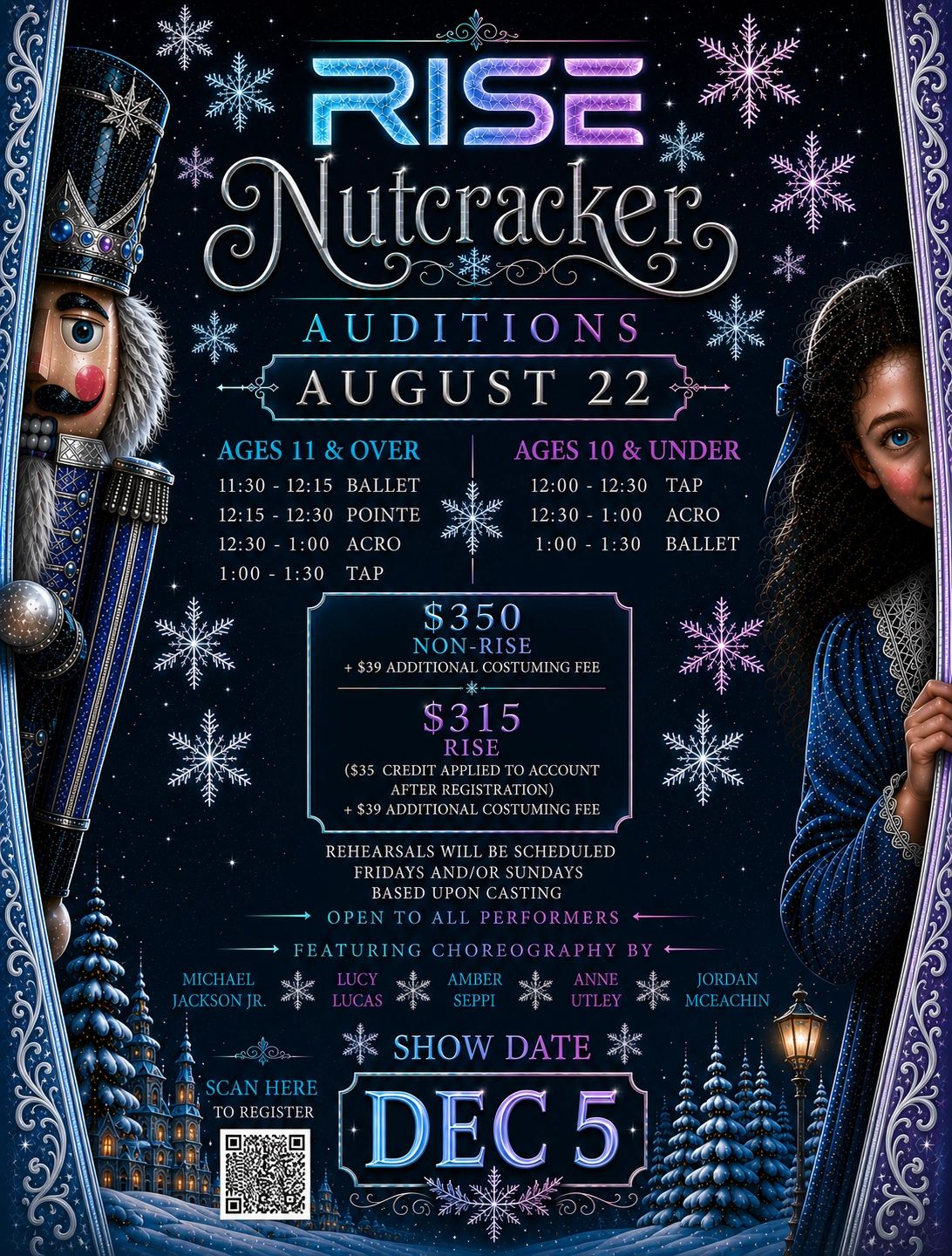 RISE Nutcracker auditions on August 22 for ages 10 &amp; under and 11 &amp; over.