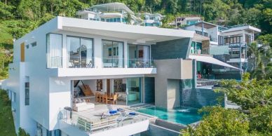 Modern luxury villa with pool and lush greenery.