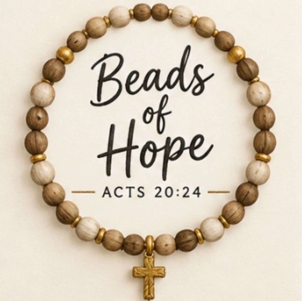 Wooden bead bracelet with cross charm and text 'Beads of Hope'.