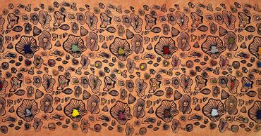 2025 | Los Soles
Yarn on hand dyed monks cloth and silkscreen | 90x48in