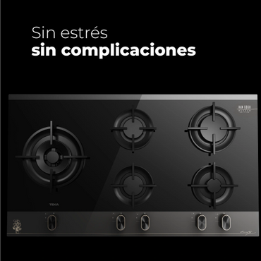 Modern black gas stove with five burners and sleek design.
