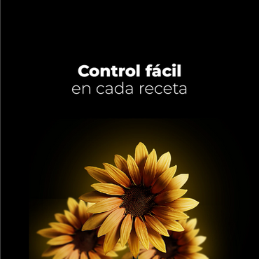 Sunflowers with the phrase 'Control fácil en cada receta' on a black background.