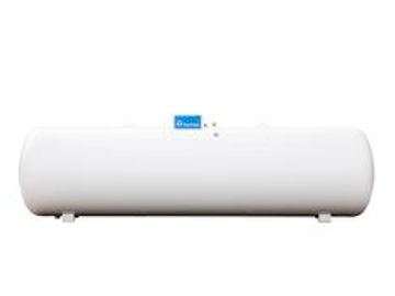 White horizontal cylindrical water heater with control panel.
