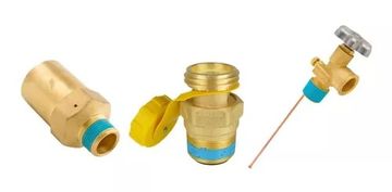 Three brass refrigeration valves with different designs and blue sealing tapes.