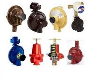 Various types of gas regulators in different colors and designs.