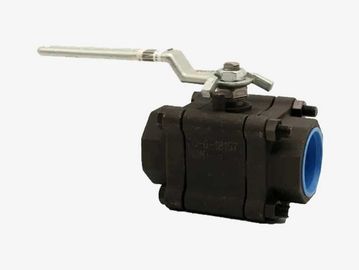 Black industrial ball valve with a metal lever handle.