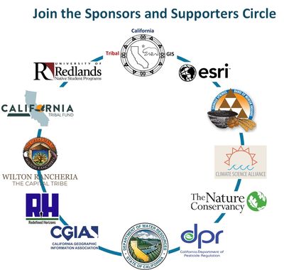 A circular arrangement of logos from sponsors and supporters related to California tribal and environmental organizations.