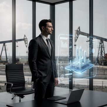 Businessman in office with futuristic holographic oil rig model and oil pumps outside.