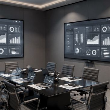 Modern conference room with laptops and data charts on large screens.