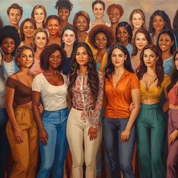 Diverse group of confident women standing together in a vibrant portrait.
