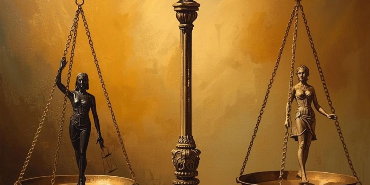 Two contrasting female statues balance on a golden scale against a warm background.