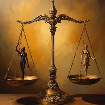 An ornate golden scale balancing two female figures on each side.