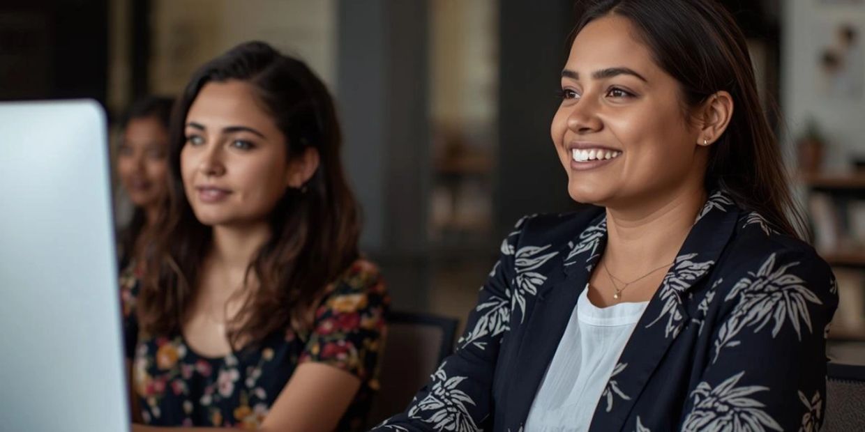 Two women attentively working at computers in a modern office setting.