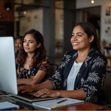 Two women working together at a computer in an office.