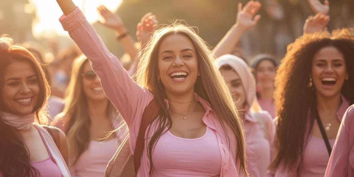 Group of joyful young women celebrating outdoors in pink outfits.